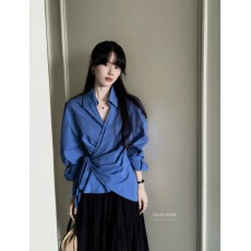 批发设计感收腰系带打结不规则衬衫