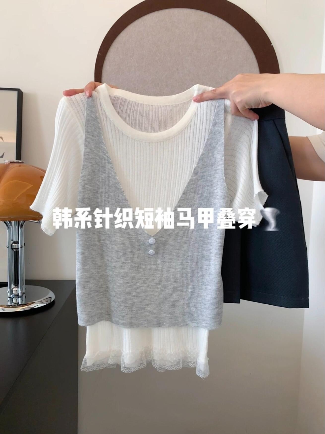 있음 선적 한 부서 페이크 레이어드 밑단 레이스 레이스 반팔 티셔츠
