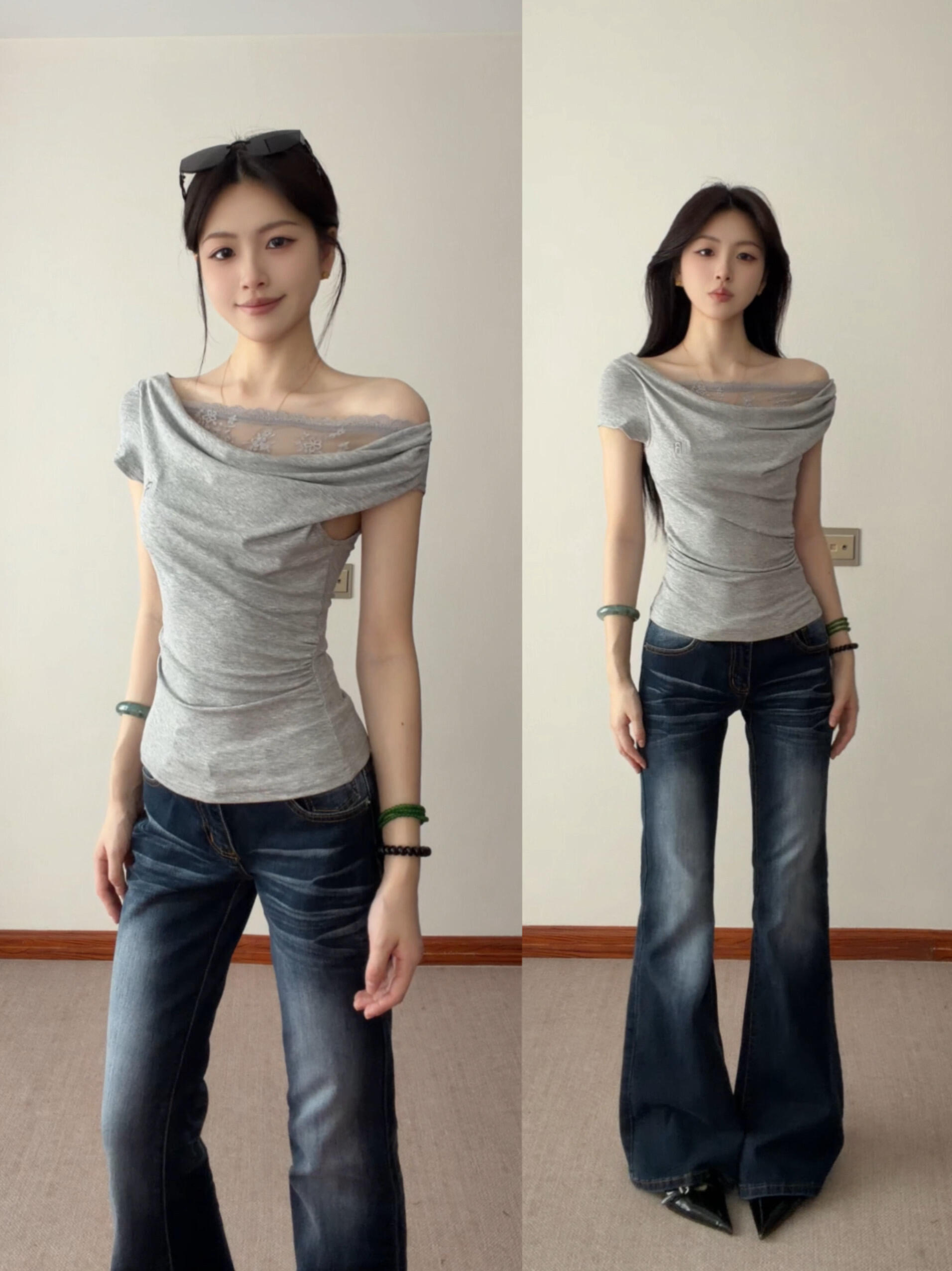 레이스 비스듬한 어깨 티셔츠
