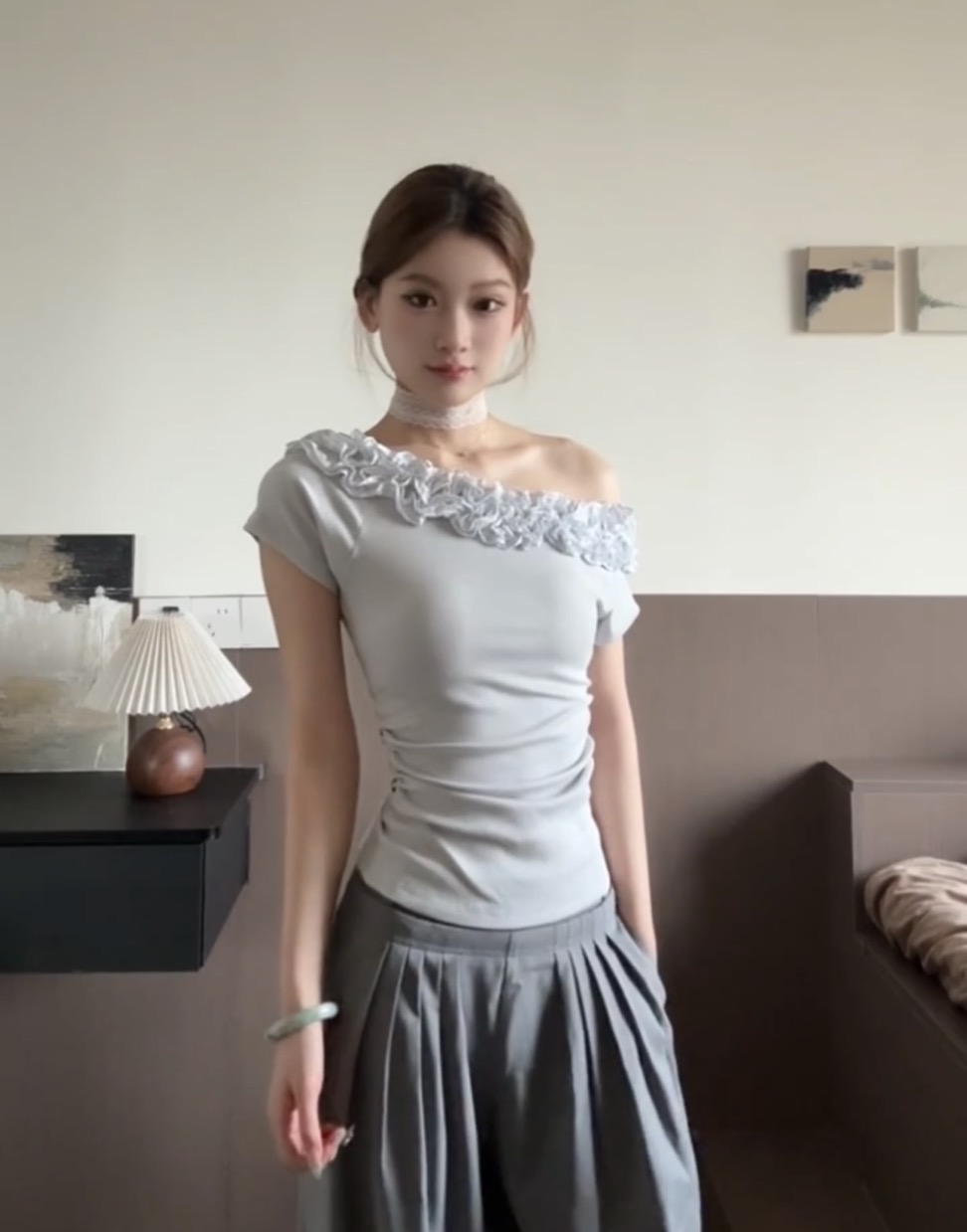 있음 선적 3 차원 꽃 비스듬한 어깨 티셔츠