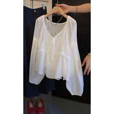 批发褶皱绑带轻薄长袖<b class='q'>衬衫</b>背心两件套