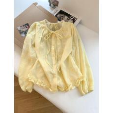 批发已出货~法式刺绣提花领口系带小衫