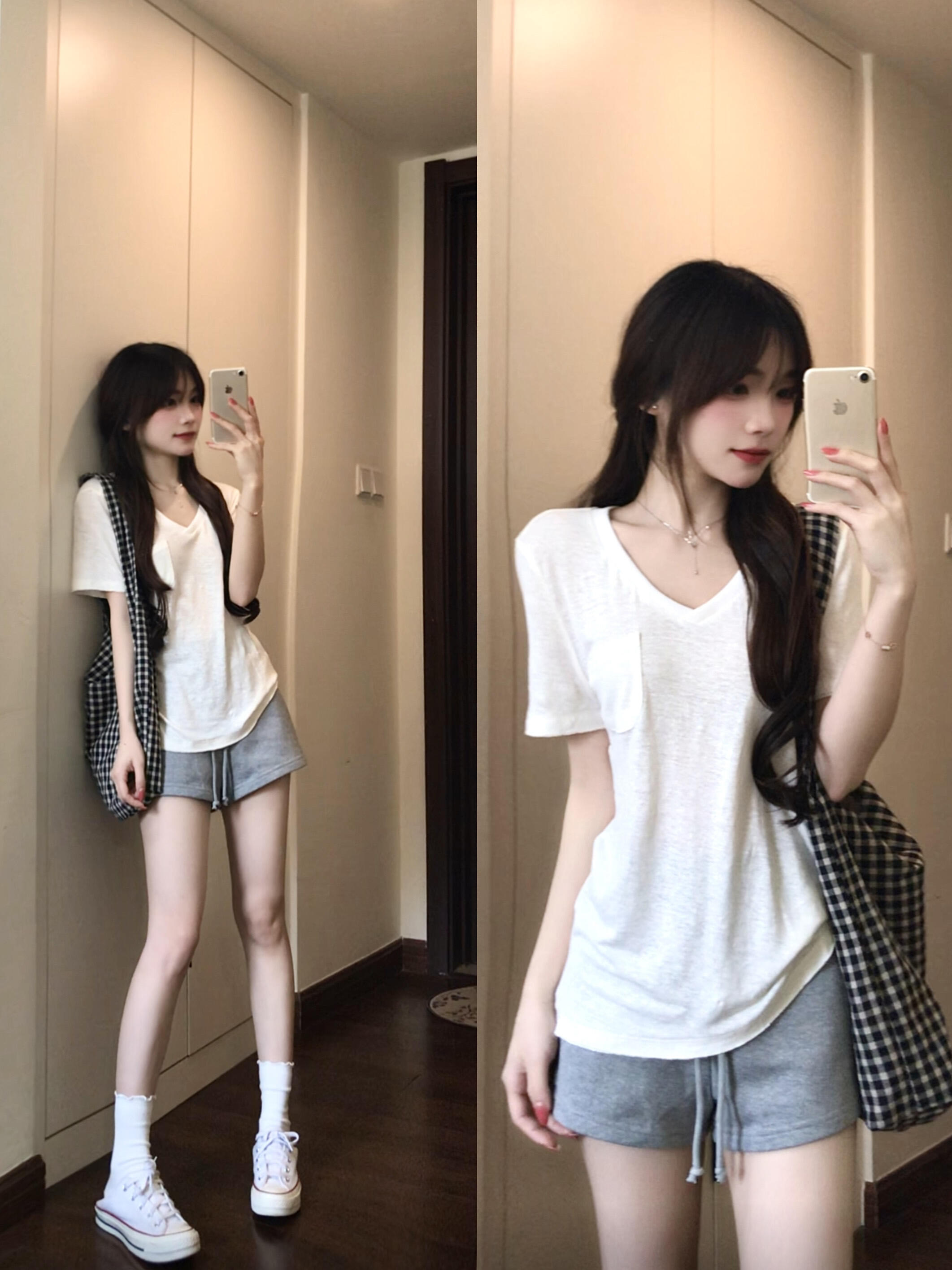 화이트 V넥 마이크로 ~을 통해 티셔츠 여성