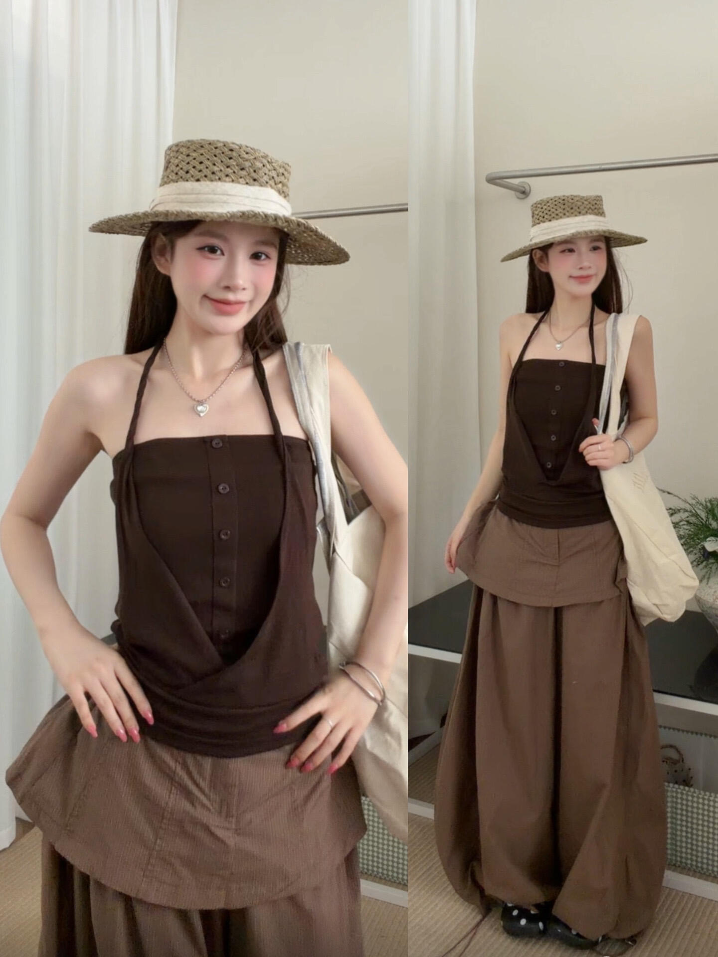 행침 목 페이크 레이어드 튜브탑 캐미솔