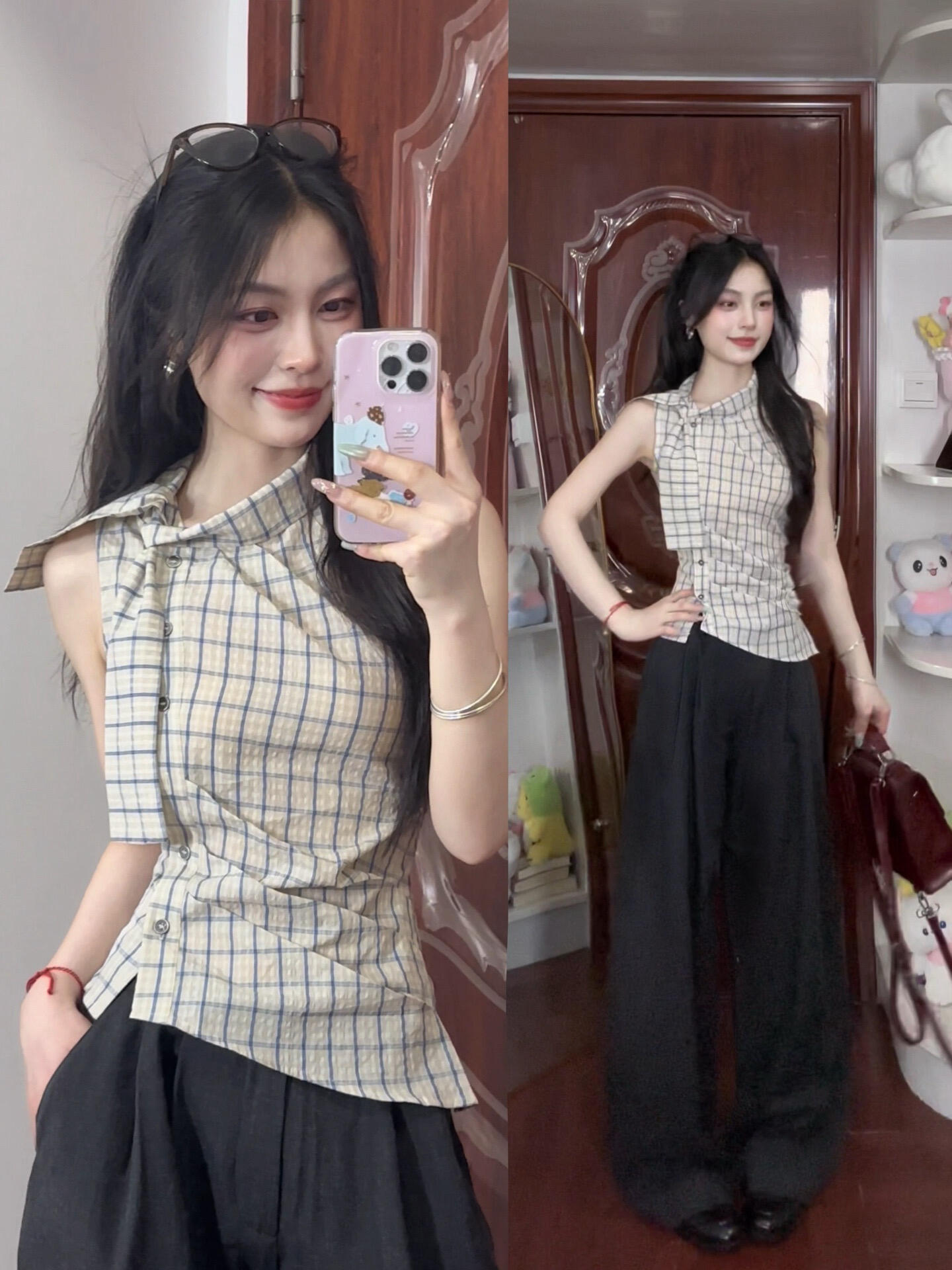 체크무늬 폴로 칼라 레이스업 허리 수축 셔츠