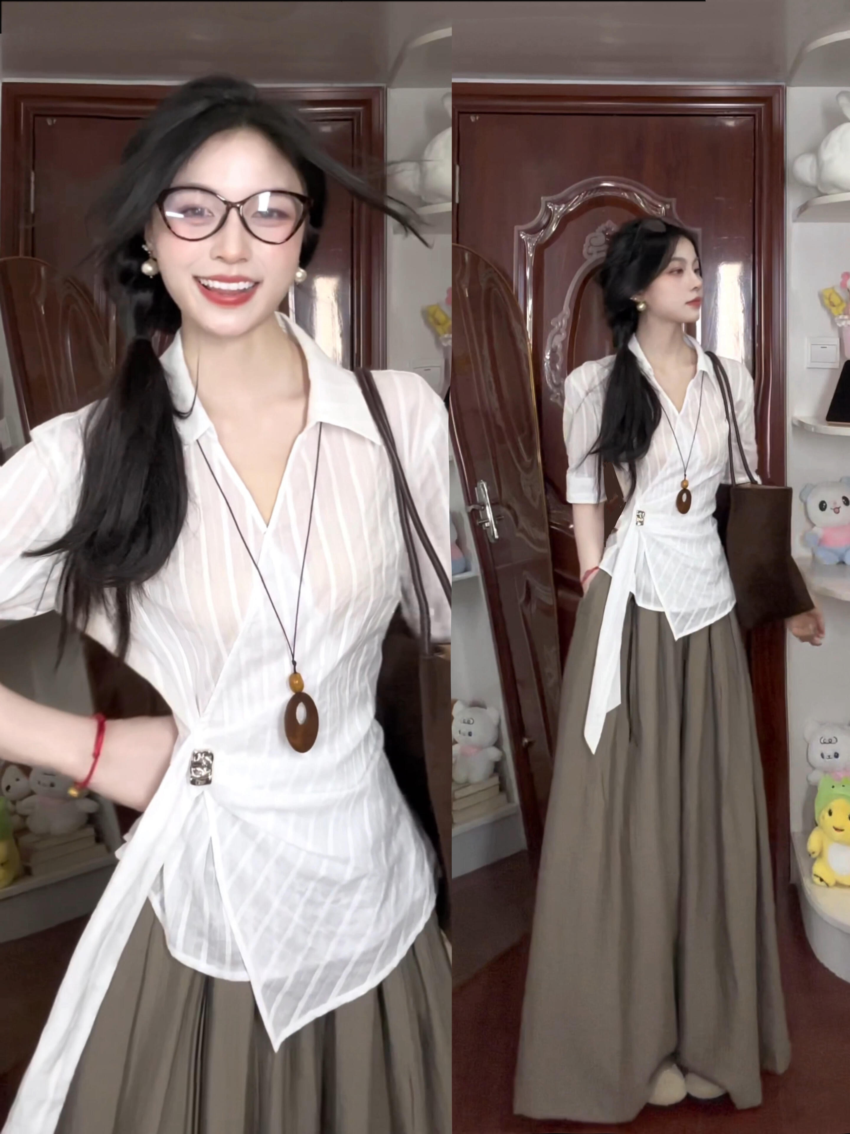 체크무늬 폴로 칼라 레이스업 허리 수축 셔츠