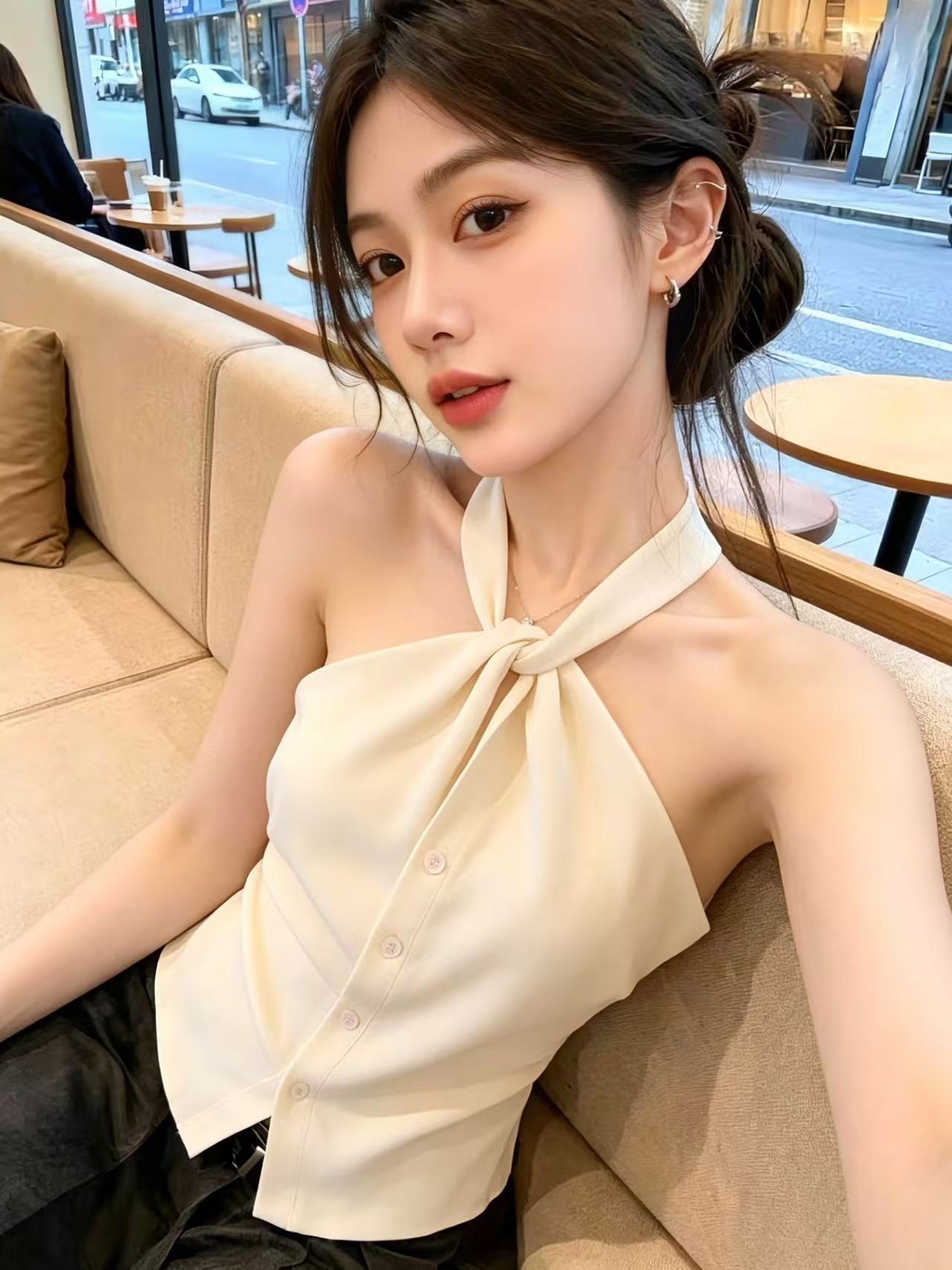 프랑스식 비틀림 행침 목 니트 캐미솔