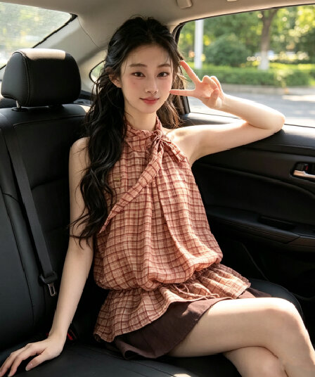 프랑스식 행침 목 체크무늬 얇은 스타일 허리 수축 민소매 셔츠