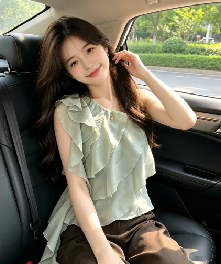 비스듬한 어깨 리본 프릴 작은 셔츠