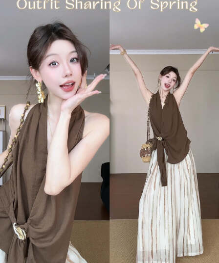 스트랩 디자인 행침 목 민소매 면 린넨 캐미솔