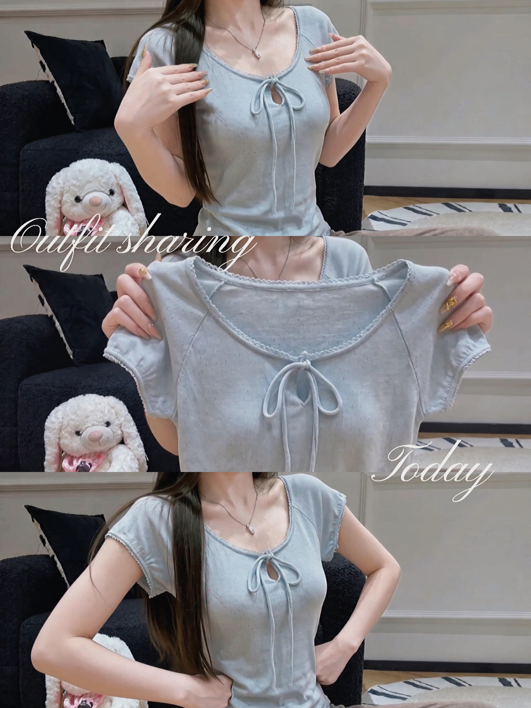 레이스 라운드 넥 레이스업 홀로우 아웃 t 반팔 셔츠