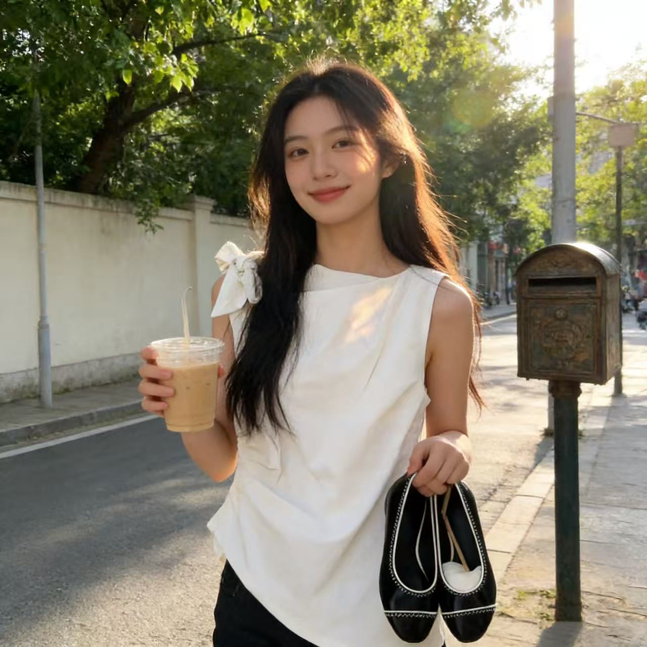 있음 선적 나비 매듭 리본 민소매 조끼 셔츠