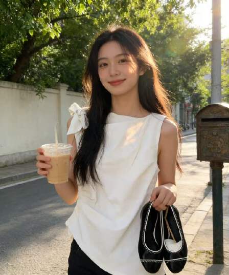있음 선적 나비 매듭 리본 민소매 조끼 셔츠