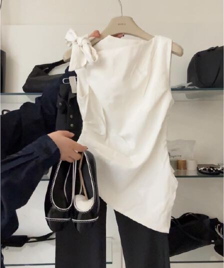 있음 선적 나비 매듭 리본 민소매 조끼 셔츠