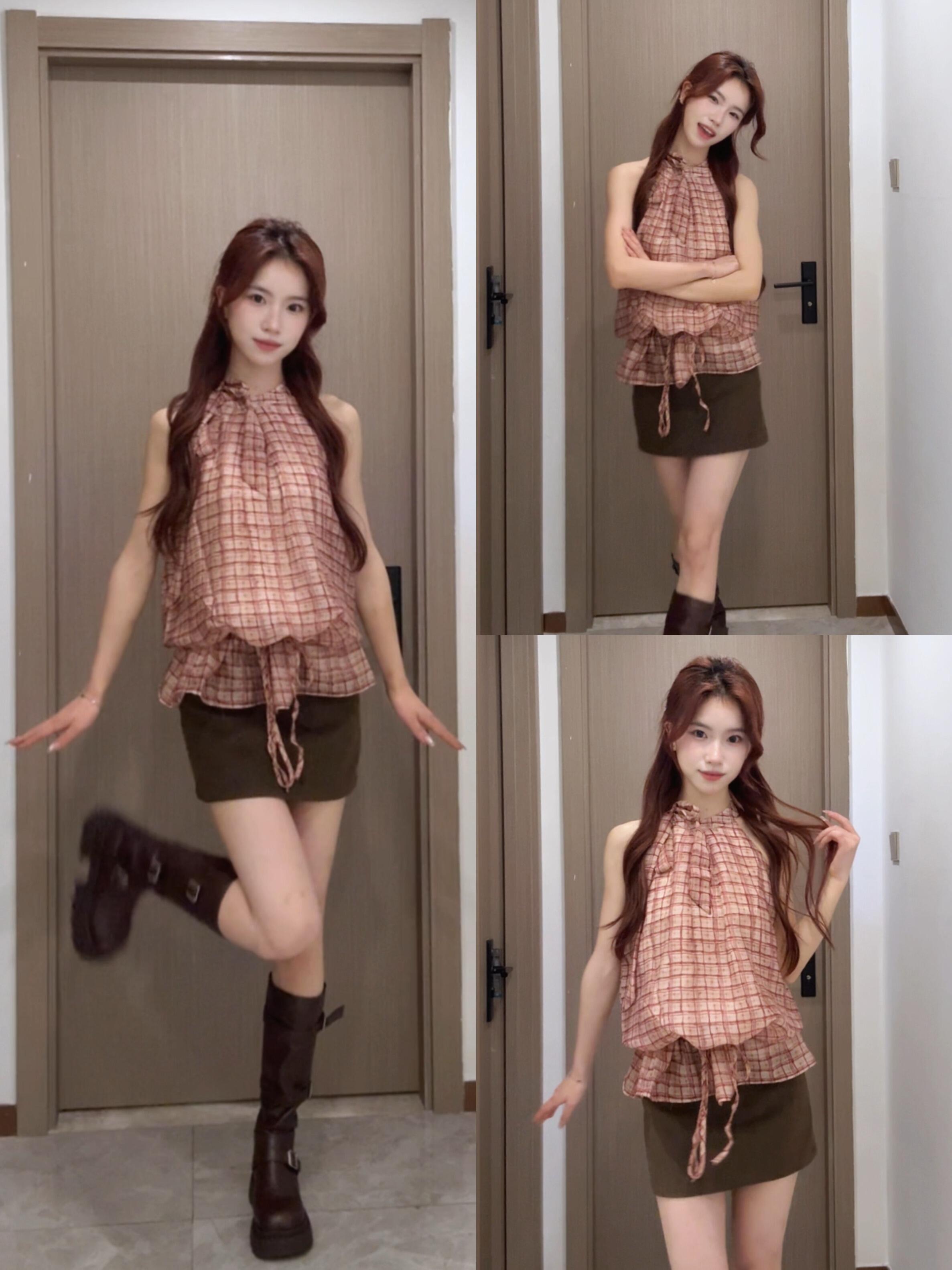 행침 목 오프숄더 체크무늬 프릴 민소매 셔츠