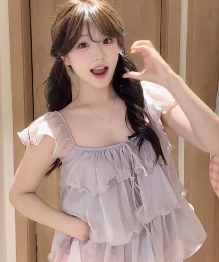 보라색 프릴 쉬폰 셔츠