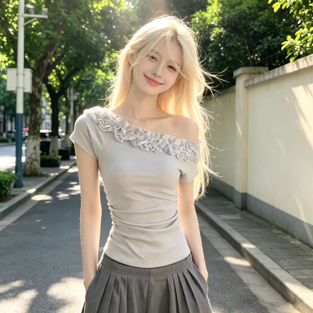 있음 선적 순수한 욕망 다중 레이어 레이스 비스듬한 어깨 티셔츠