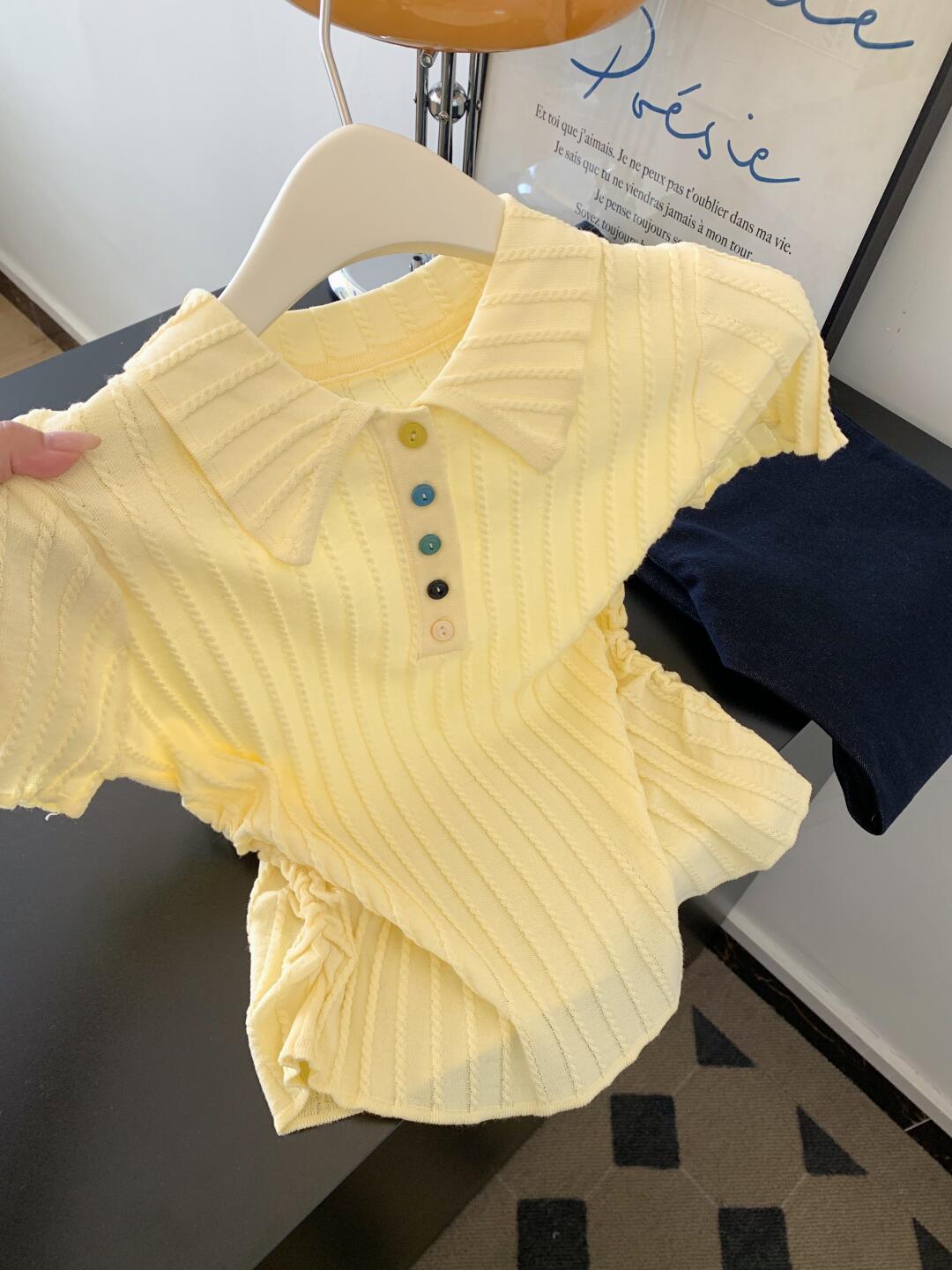 POLO 칼라 작은 셔츠 우유 황색 니트 반팔 티셔츠