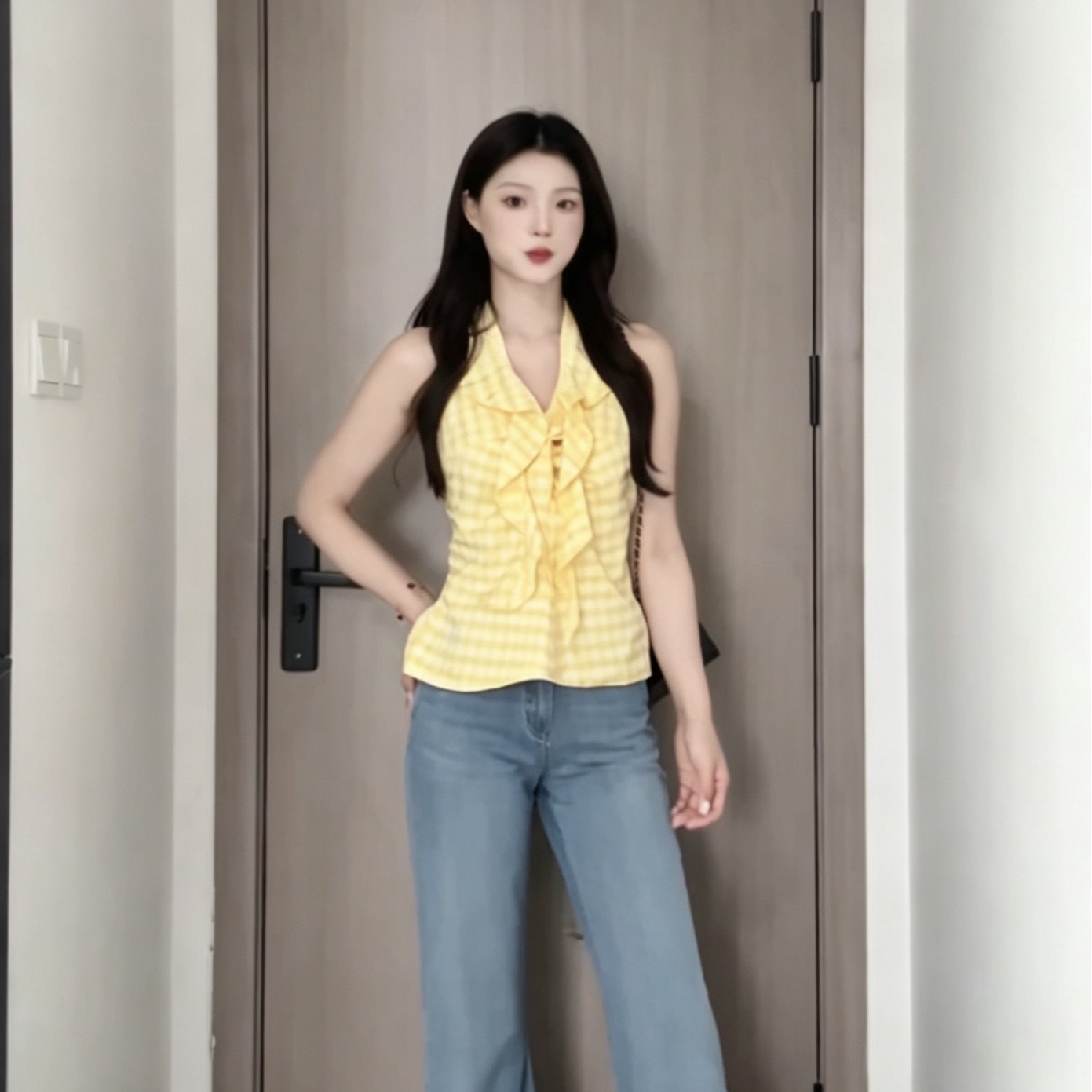 리본 민소매 백리스 프릴 레이스업 작은 셔츠