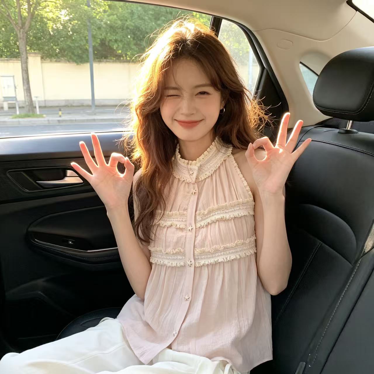 핑크색 레이스 레이스 스탠드 칼라 행침 목 민소매 셔츠