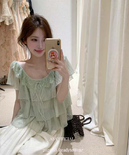 레이스 프릴 패치워크 레이스업 쉬폰 블라우스