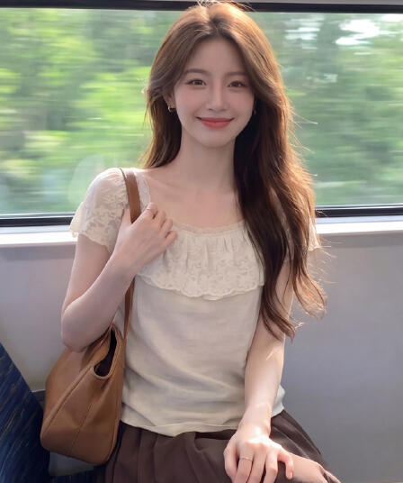 베이지 색 레이스 프릴 반팔 여성 셔츠