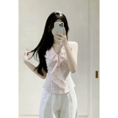 批发粉色荷叶边v领挂脖背心<b class='q'>衬衫</b>女夏