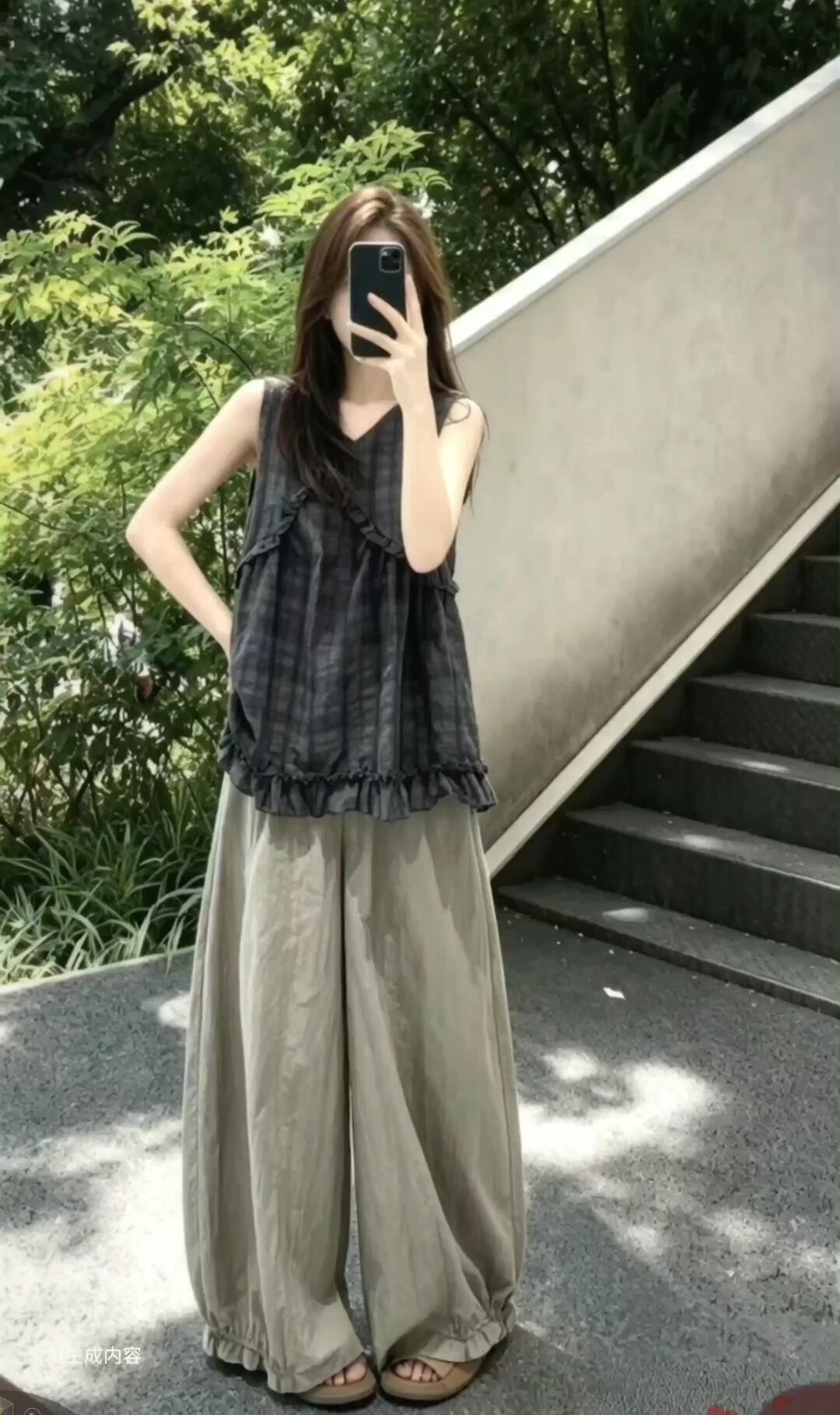 프랑스식 V넥 프릴 체크무늬 조끼 셔츠