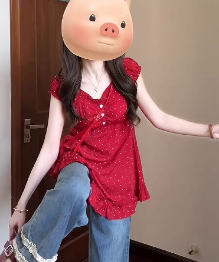 있음 선적 프랑스식 레트로 빨간색 도트 무늬 쉬폰 조끼 스커트