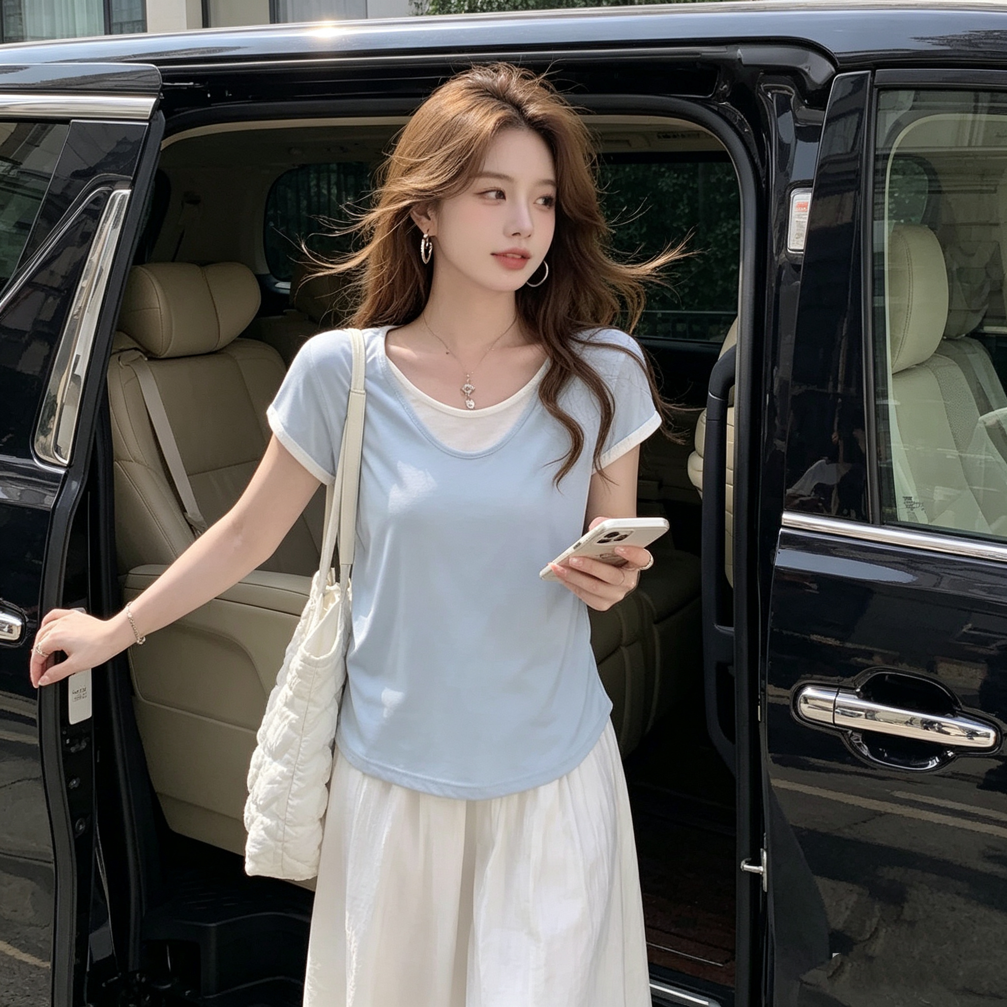 블루 화이트 페이크 레이어드 반팔 t 소매