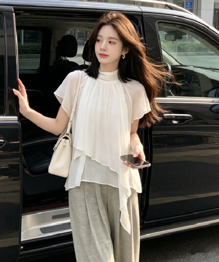 불규칙 리본 쉬폰 블라우스
