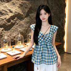 批发已出货~扭结碎花格纹吊带背心