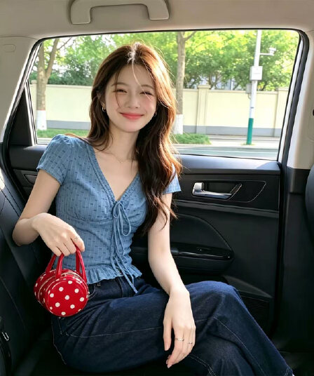 파란색 도트 무늬 프릴 V넥 반팔 셔츠