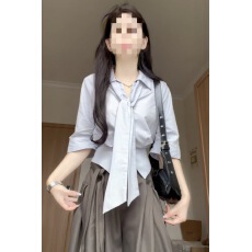 批发天丝亚麻收腰领带短袖衬衫