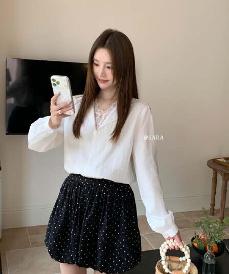 있음 선적 레이스 레이스 폴로 칼라 셔츠