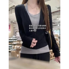 批发秋冬新款纸片人拉链V领长袖挂脖背心两件<b class='q'>套装</b>