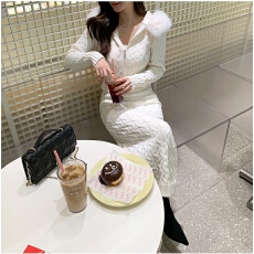 批发已出货 韩国<b class='q'>东大门</b>新款毛领麻花拉链连帽毛衣开衫修身半裙套装女