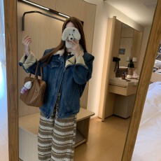 批发已出货 毛翻领牛仔外套2025秋<b class='q'>冬</b>加绒保暖复古撞色polo领夹克上衣