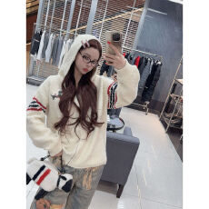 批发已出货 小狗狗刺绣连帽针织开衫女冬季学院风洋气<b class='q'>宽松</b>圈圈纱上衣