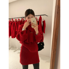 批发已出货 红色围巾毛衣三件套2026新款宽松软糯慵懒针织半身裙套装