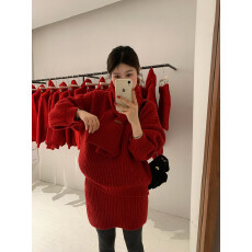 批发已出货 红色围巾毛衣三件套2026新款宽松软糯慵懒针织半身裙套装