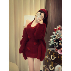 批发已出货  纯欲辣妹毛衣套装长袖针织开衫修身显瘦挂脖包臀裙两件套