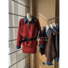 批发已出货 韩系时髦撞色牛仔拼接套装Polo领针织气质毛衣短裙两件套