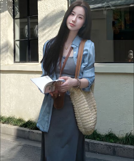 있음 선적 프랑스식 고급 센스 슬립 여성 드레스 2026 새로운 품격 슬림해 보이는 롱 스커트 데님 세트