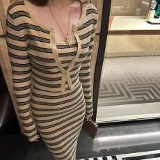 批发已出货 条纹公式 韩系风纯欲高弹针织条纹开衫吊带裙开衫两件套女