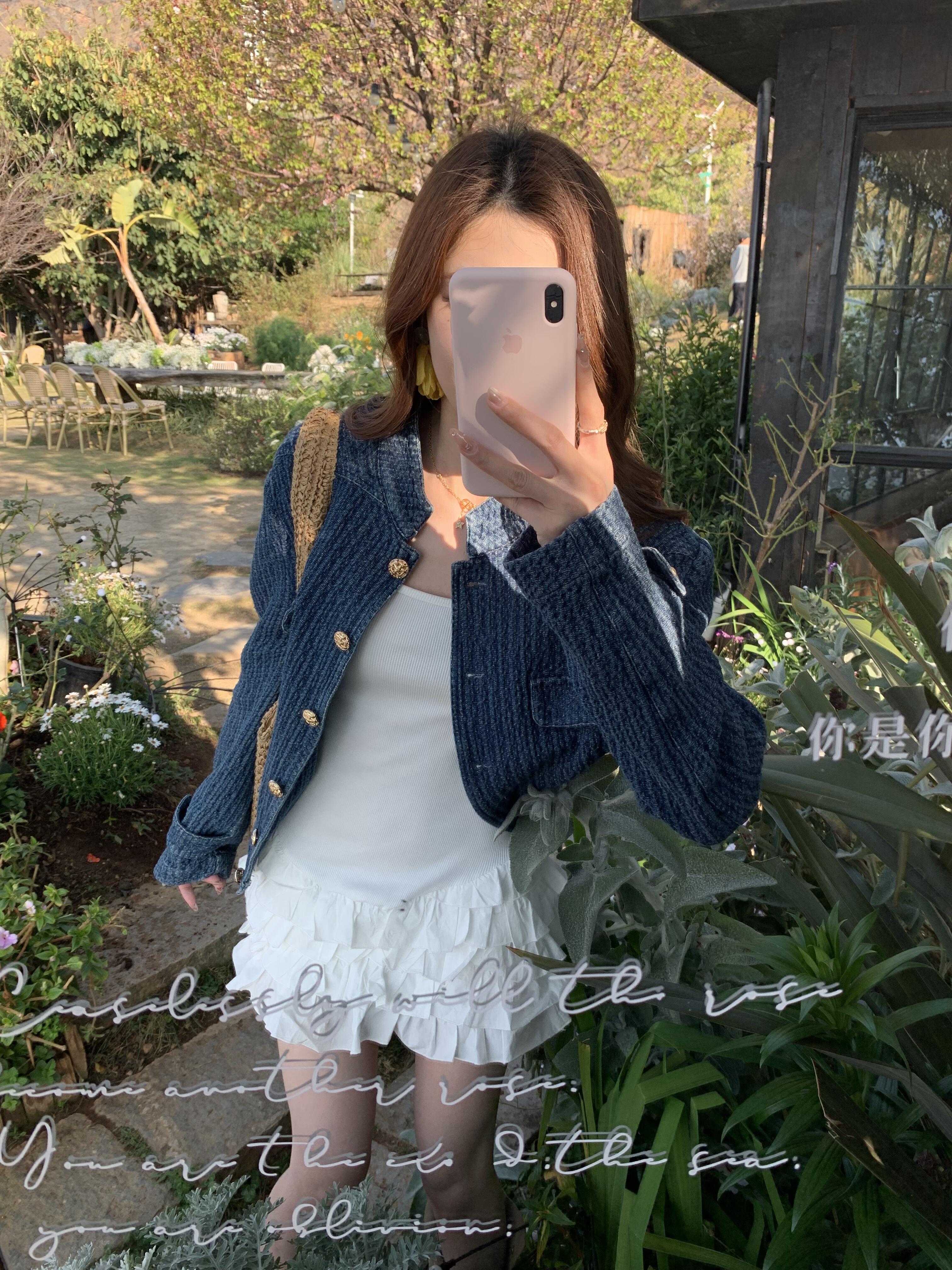 있음 선적 작은 대중 레트로 작은 샤넬 스타일 짜임 질감 센스 데님 여성 코트 한 부서 품격 다용도 맨위