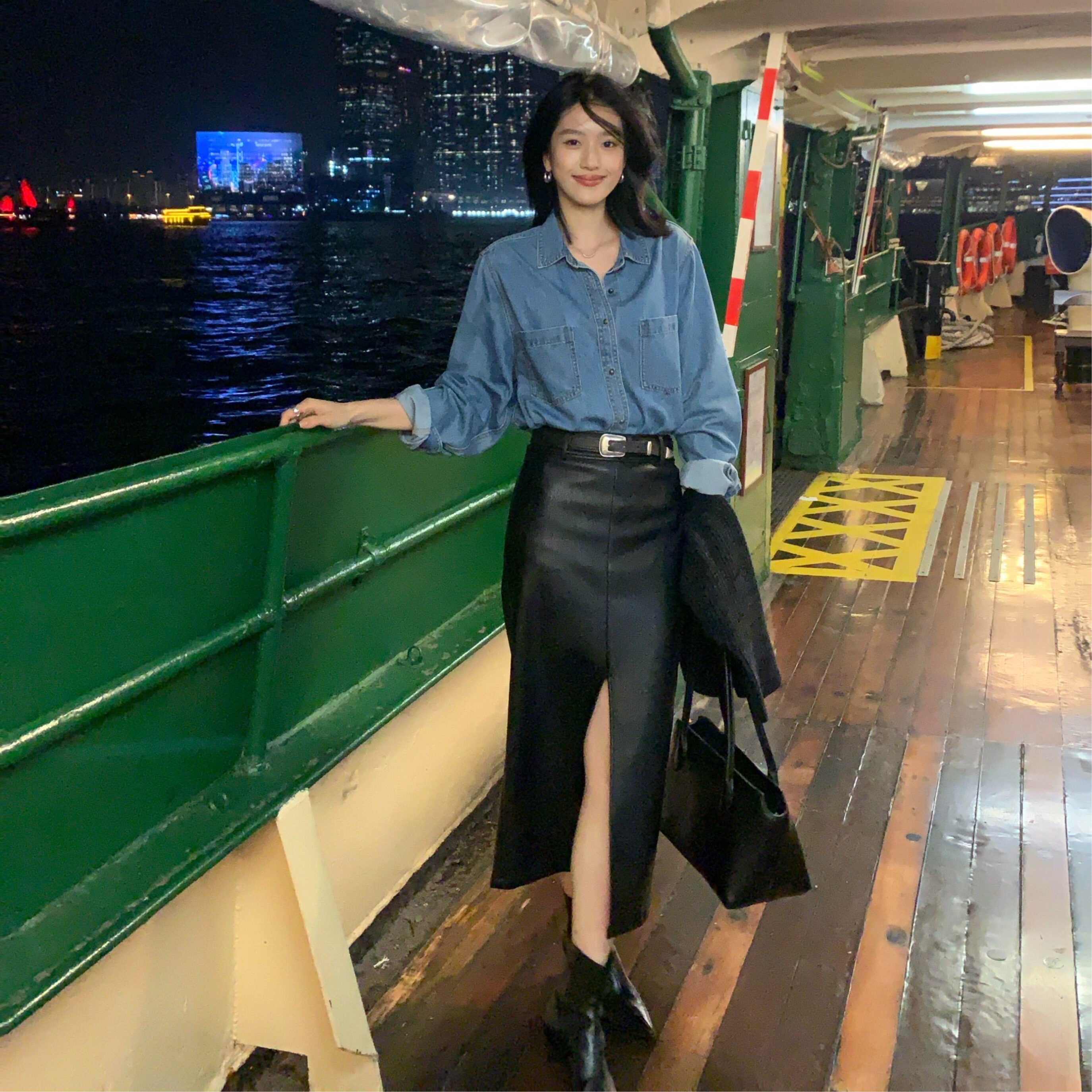 있음 선적 면 100% 질감 데님 여성 셔츠 봄 가을 캐주얼 루즈핏 긴팔 셔츠 재킷 파란색 맨위