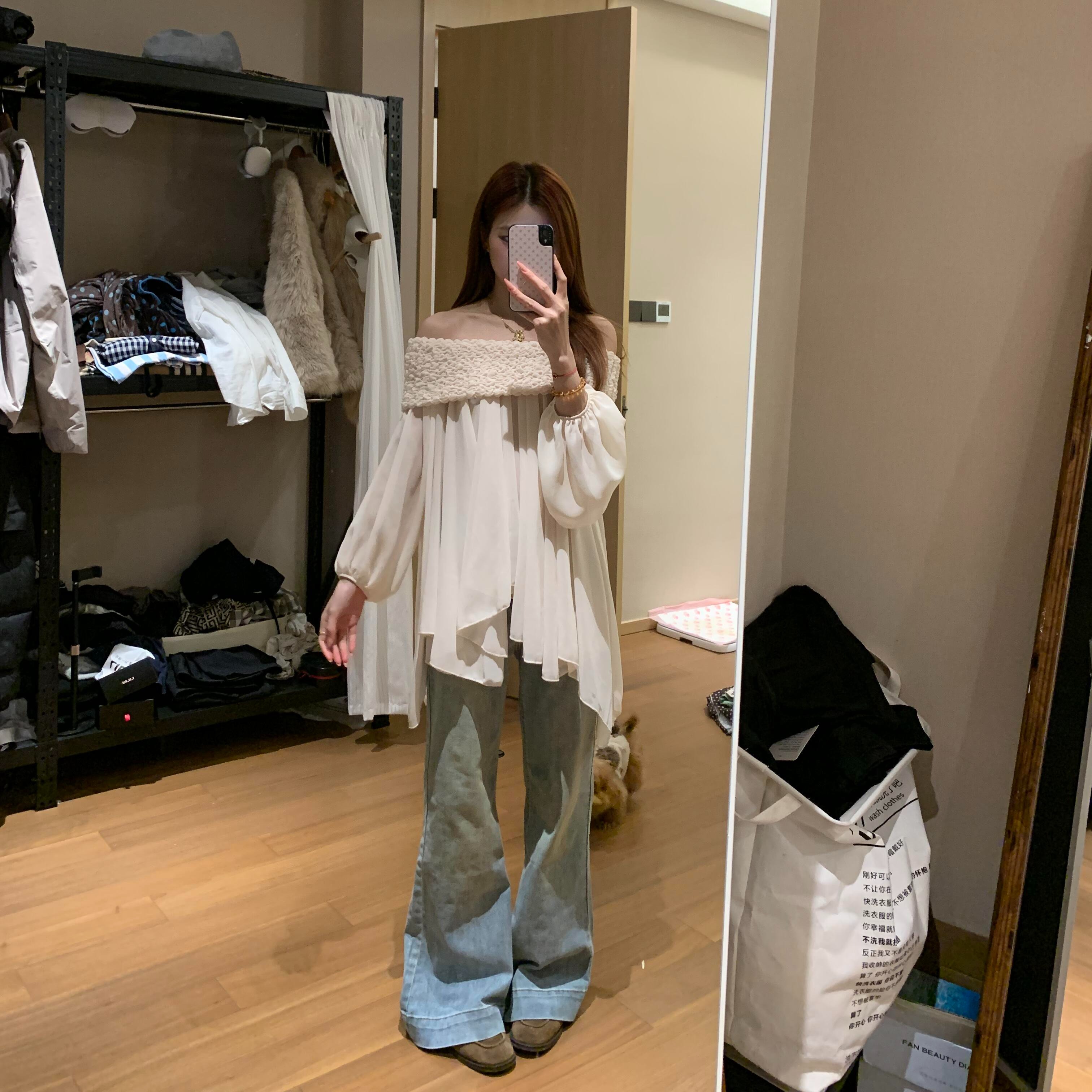 있음 선적 프릴 연인 디자인 센스 요정 달콤함 무거운 작업 주름 보트넥 오프숄더 쉬폰 블라우스 맨위