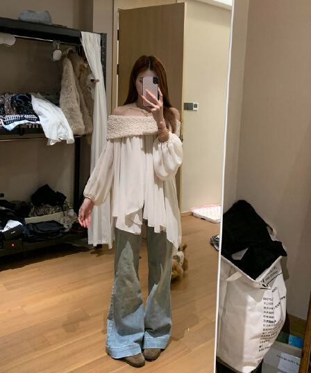 있음 선적 프릴 연인 디자인 센스 요정 달콤함 무거운 작업 주름 보트넥 오프숄더 쉬폰 블라우스 맨위