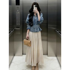 批发已出货 韩系女人味复古收腰牛仔套装女气质衬衫百褶半身裙两件套